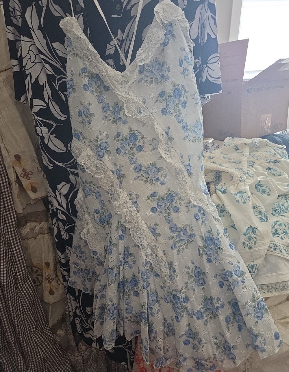 Blue Floral Lace-Trim Mini Dress